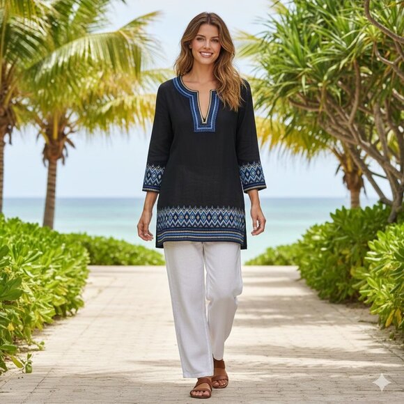 Calypso St. Barth Linen Embroidered V Neck Navy  Tunic Top Size S - Picture 4 of 9